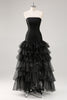 Load image into Gallery viewer, Elegant Black Strapless Tiered Long Tulle Formal Dress with Slit