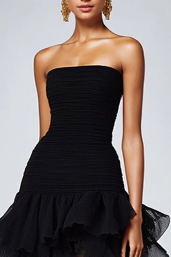 Chic Black Strapless Tulle Tiered Long Formal Dress