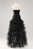 Load image into Gallery viewer, Elegant Black Strapless Tiered Long Tulle Formal Dress with Slit