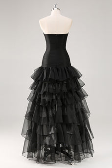 Chic Black Strapless Tulle Tiered Long Formal Dress