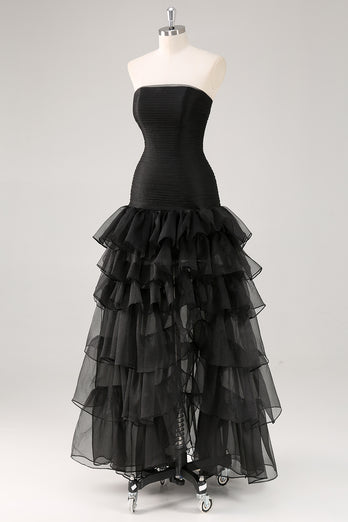 Chic Black Strapless Tulle Tiered Long Formal Dress