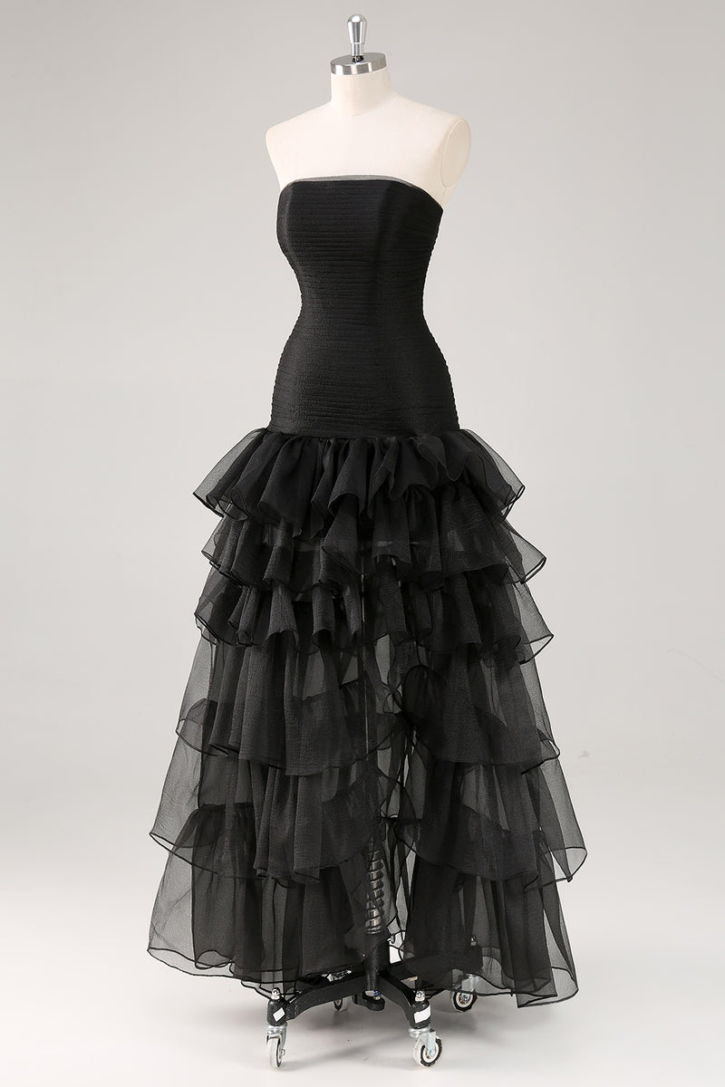 Load image into Gallery viewer, Chic Black Strapless Tulle Tiered Long Formal Dress