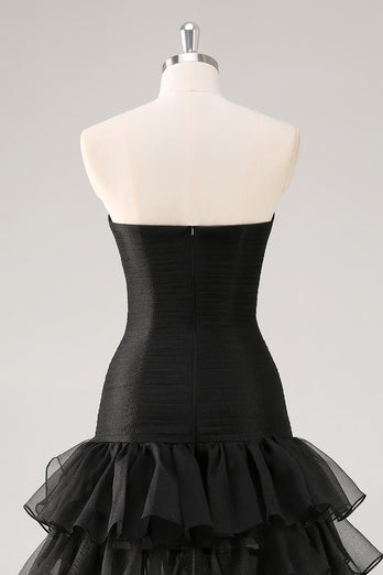 Chic Black Strapless Tulle Tiered Long Formal Dress