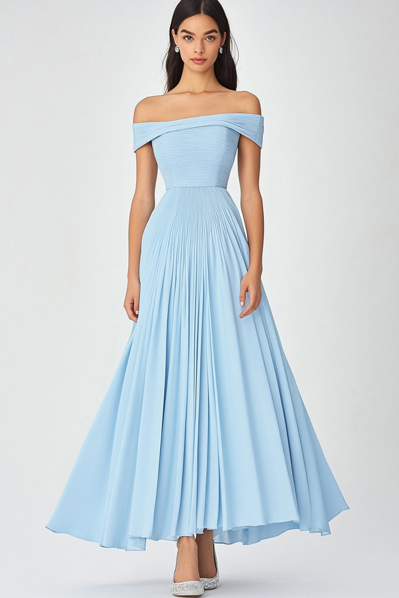 Load image into Gallery viewer, Sky Blue Off the Shoulder A Line Chiffon Long Formal Dress