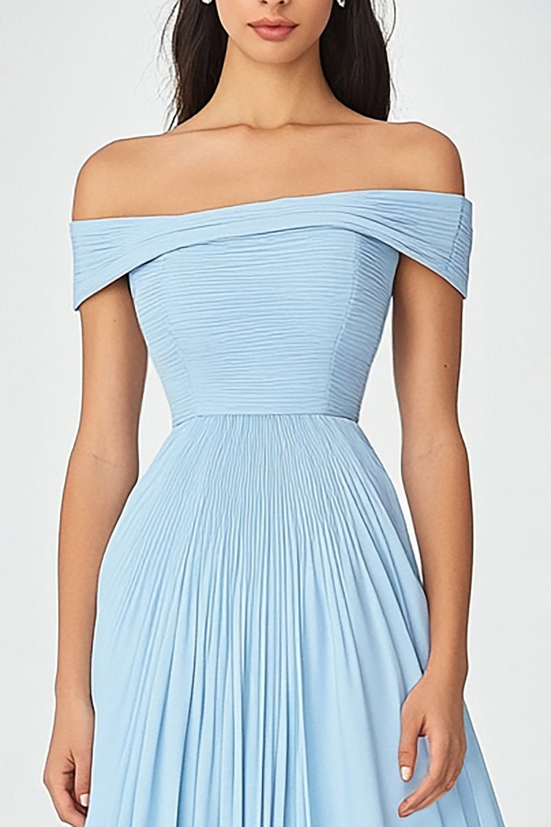 Load image into Gallery viewer, Sky Blue Off the Shoulder A Line Chiffon Long Formal Dress