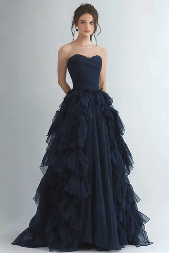 Navy Tulle Sweetheart Tiered Long Formal Dress