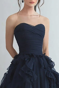 Navy Tulle Sweetheart Tiered Long Formal Dress