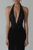 Load image into Gallery viewer, Sparkly Black Sheath V-Neck Long Formal Dress with Lace