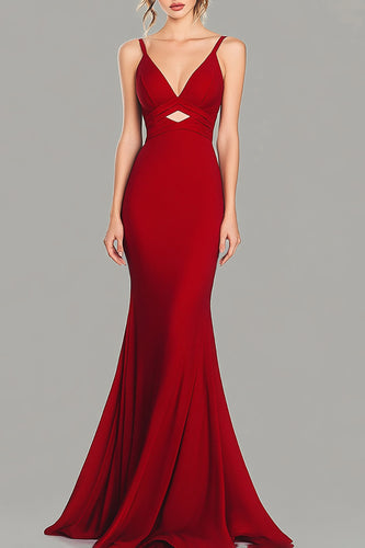 Red Mermaid Spaghetti Straps Satin Long Formal Dress