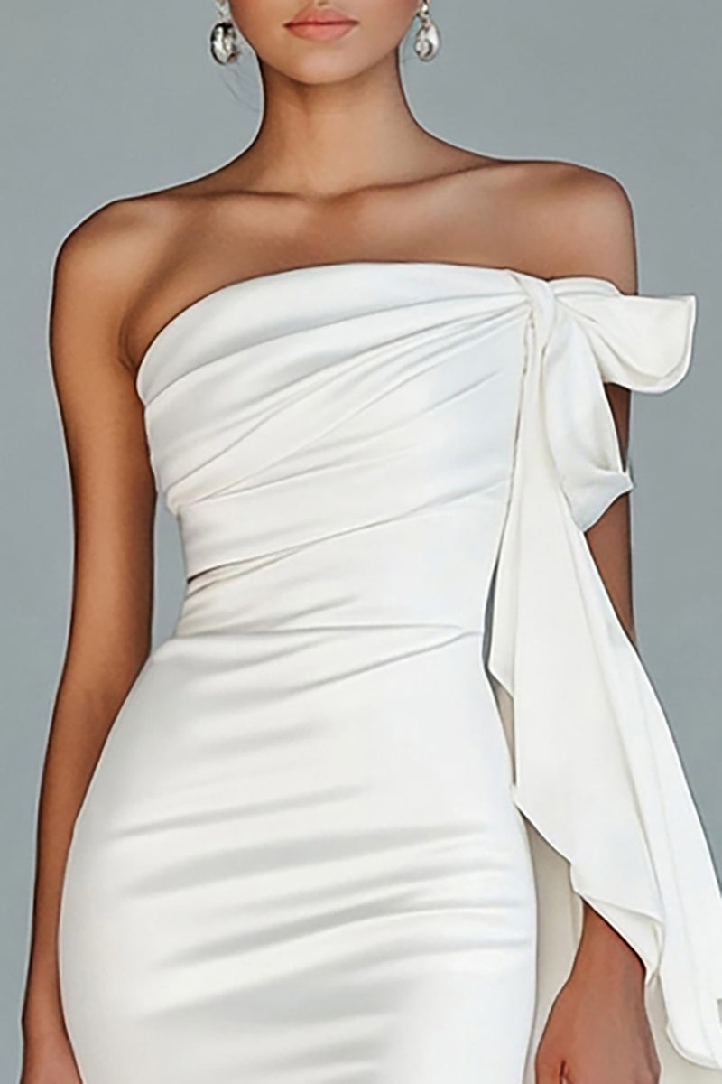 Load image into Gallery viewer, White Strapless Sheath Satin Long Formal Dress with Slit