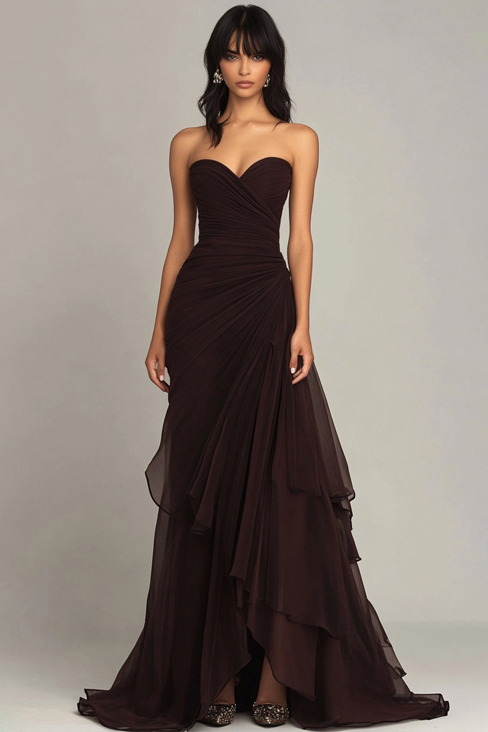 Dark Brown Sweetheart Sheath Chiffon Tiered Long Formal Dress