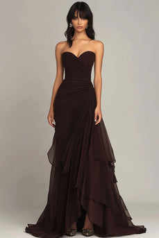 Strapless Black Sheath Tiered Long Chiffon Black Tie Dress