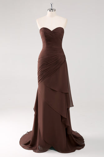 Strapless Dark Brown Sheath Tiered Long Chiffon Formal Dress