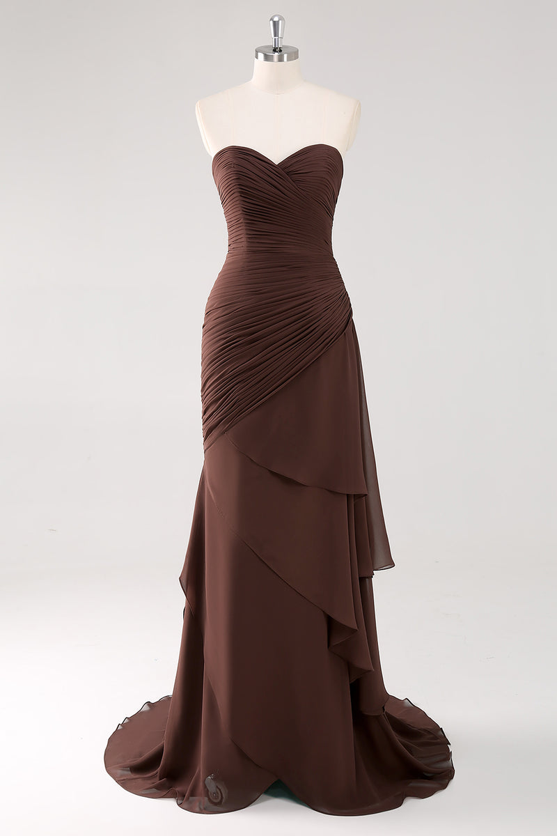 Load image into Gallery viewer, Strapless Dark Brown Sheath Tiered Long Chiffon Formal Dress