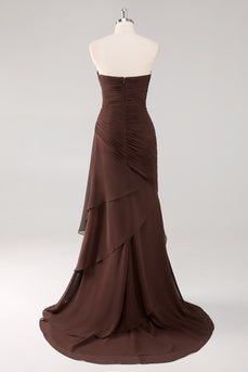 Strapless Dark Brown Sheath Tiered Long Chiffon Formal Dress