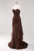 Load image into Gallery viewer, Strapless Dark Brown Sheath Tiered Long Chiffon Formal Dress