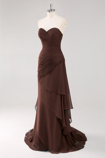 Strapless Dark Brown Sheath Tiered Long Chiffon Formal Dress