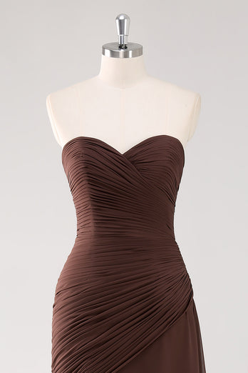 Strapless Dark Brown Sheath Tiered Long Chiffon Formal Dress