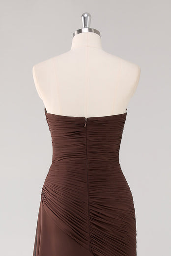 Strapless Dark Brown Sheath Tiered Long Chiffon Formal Dress