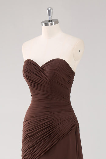 Strapless Dark Brown Sheath Tiered Long Chiffon Formal Dress