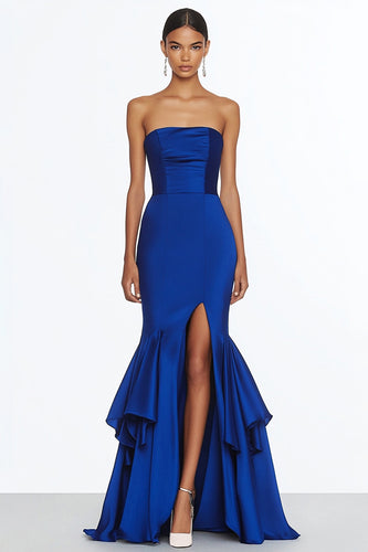 Royal Blue Strapless Mermaid Tiered Long Formal Dress with Slit