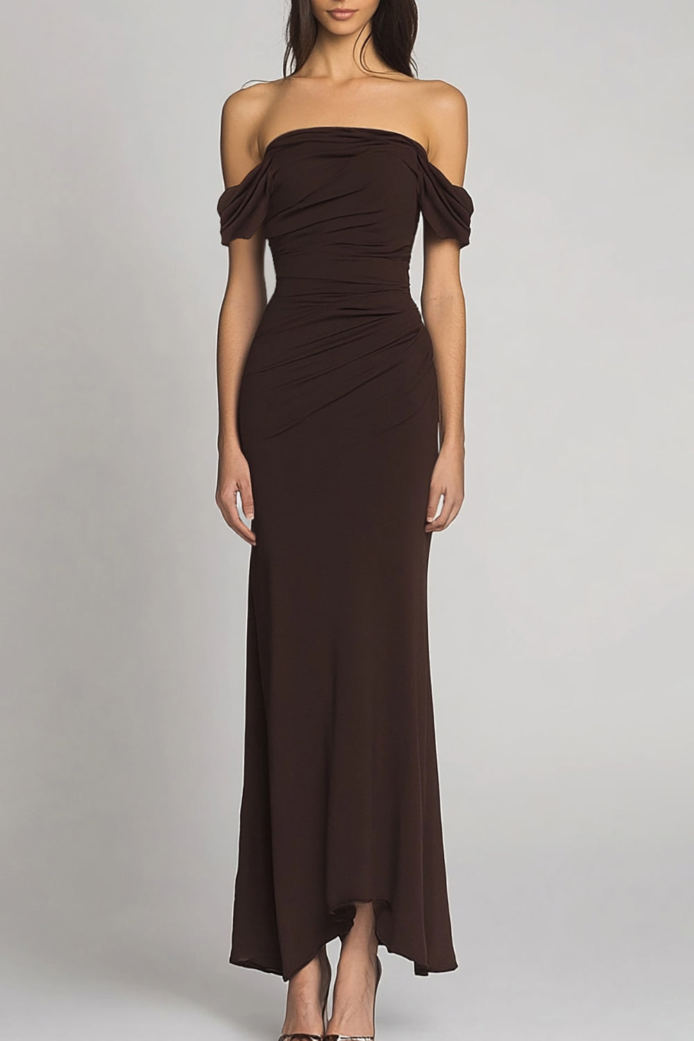 Dark Brown Off the Shoulder Sheath Long Formal Dress