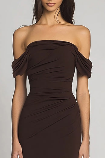 Dark Brown Off the Shoulder Sheath Long Formal Dress