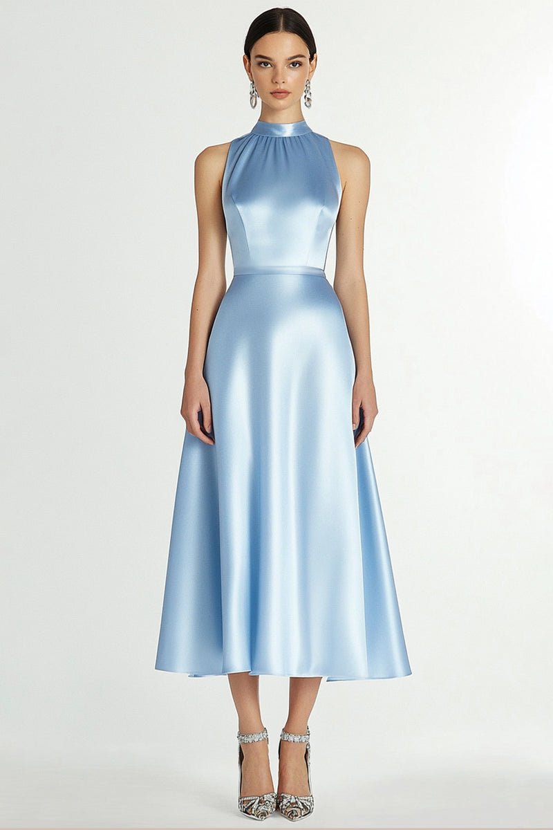 Load image into Gallery viewer, Sparkly Blue High Neck A Line Satin Long Formal Dress