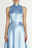 Load image into Gallery viewer, Sparkly Blue High Neck A Line Satin Long Formal Dress