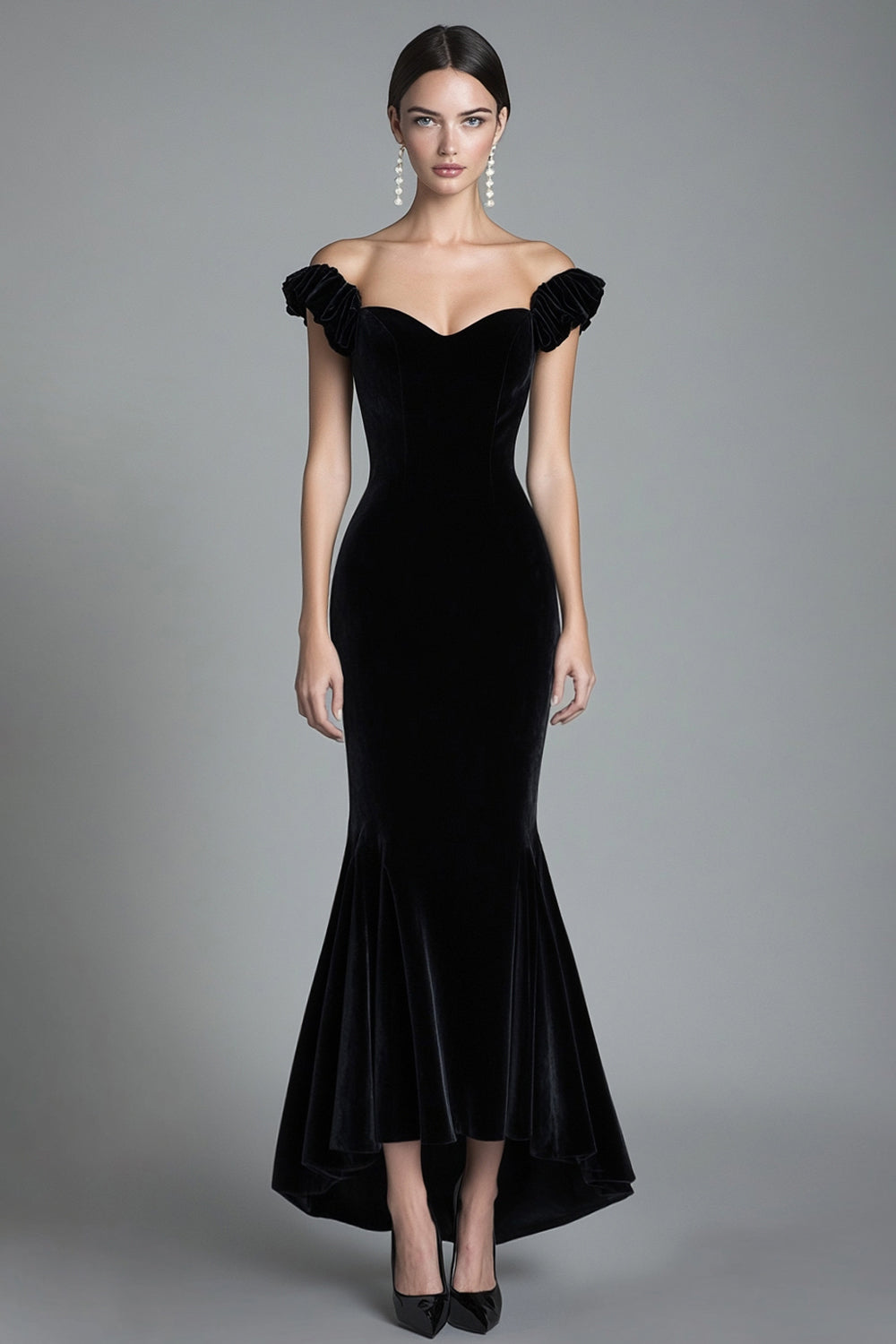 Black Off the Shoulder Asymmetrical Velvet Long Formal Dress