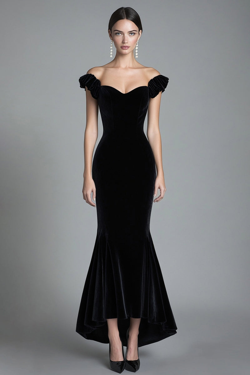 Load image into Gallery viewer, Black Off the Shoulder Asymmetrical Velvet Long Formal Dress