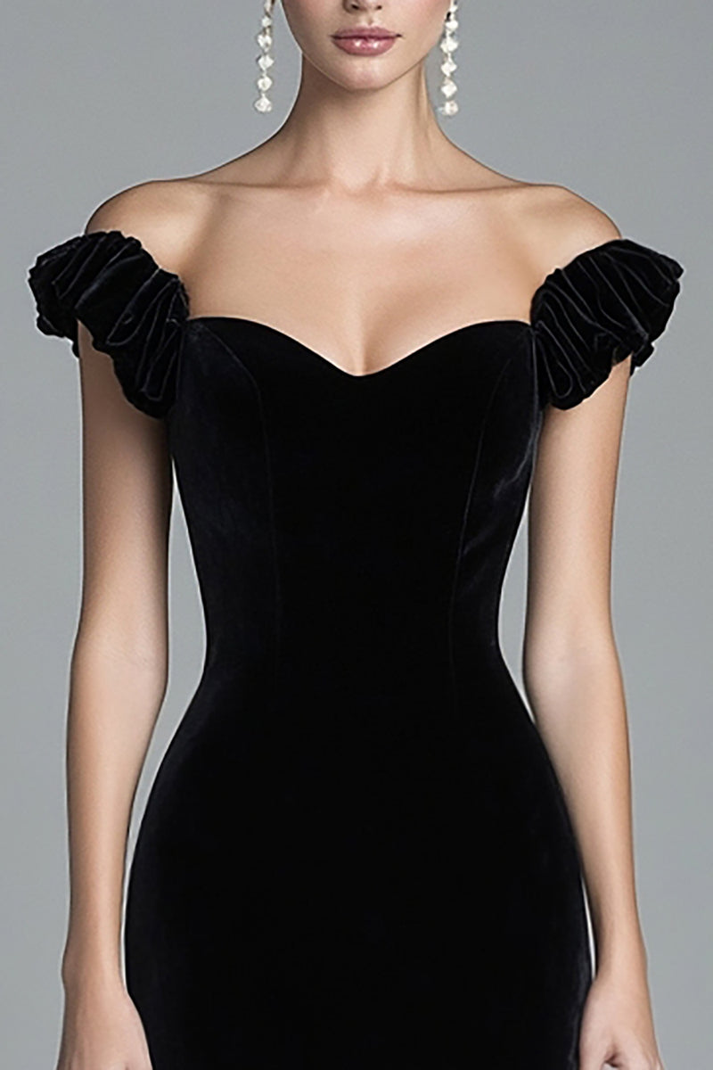 Load image into Gallery viewer, Black Off the Shoulder Asymmetrical Velvet Long Formal Dress