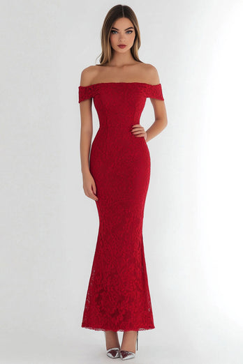 Red Lace Off the Shoulder Floral Mermaid Long Formal Dress