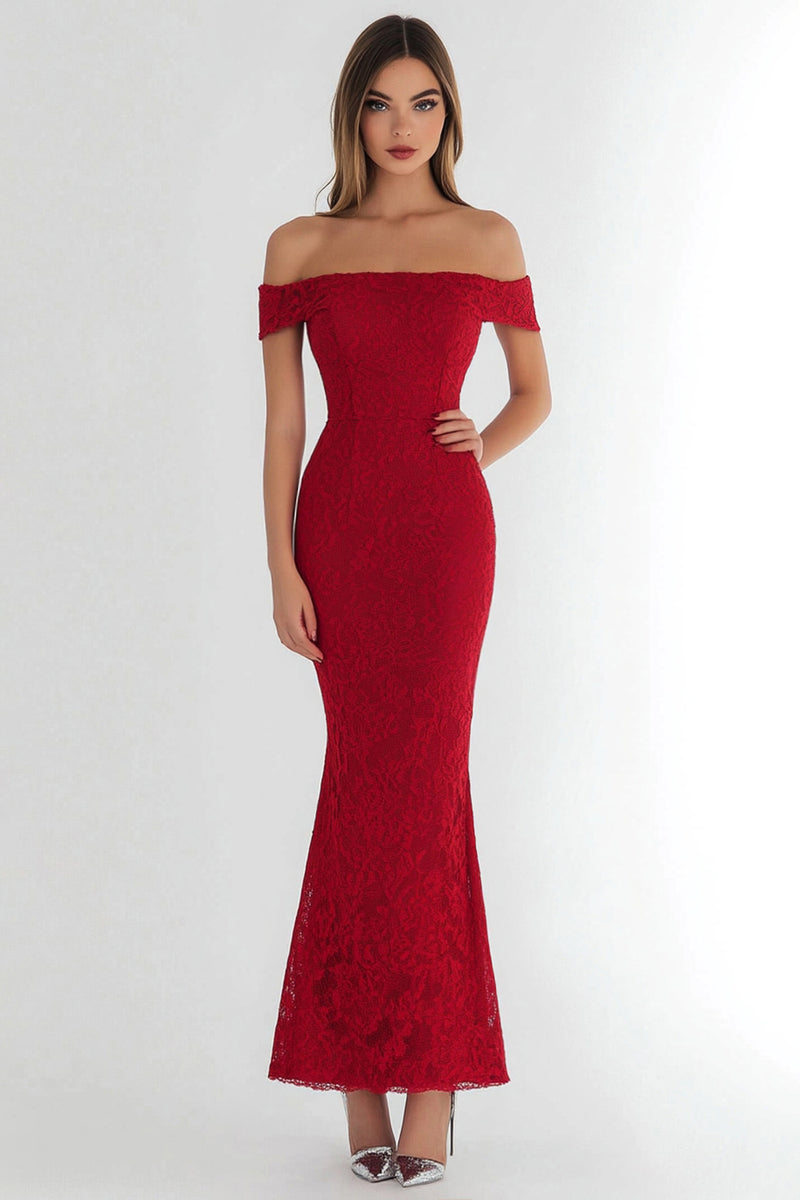 Load image into Gallery viewer, Red Lace Off the Shoulder Floral Mermaid Long Formal Dress