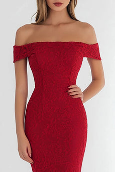 Red Lace Off the Shoulder Floral Mermaid Long Formal Dress