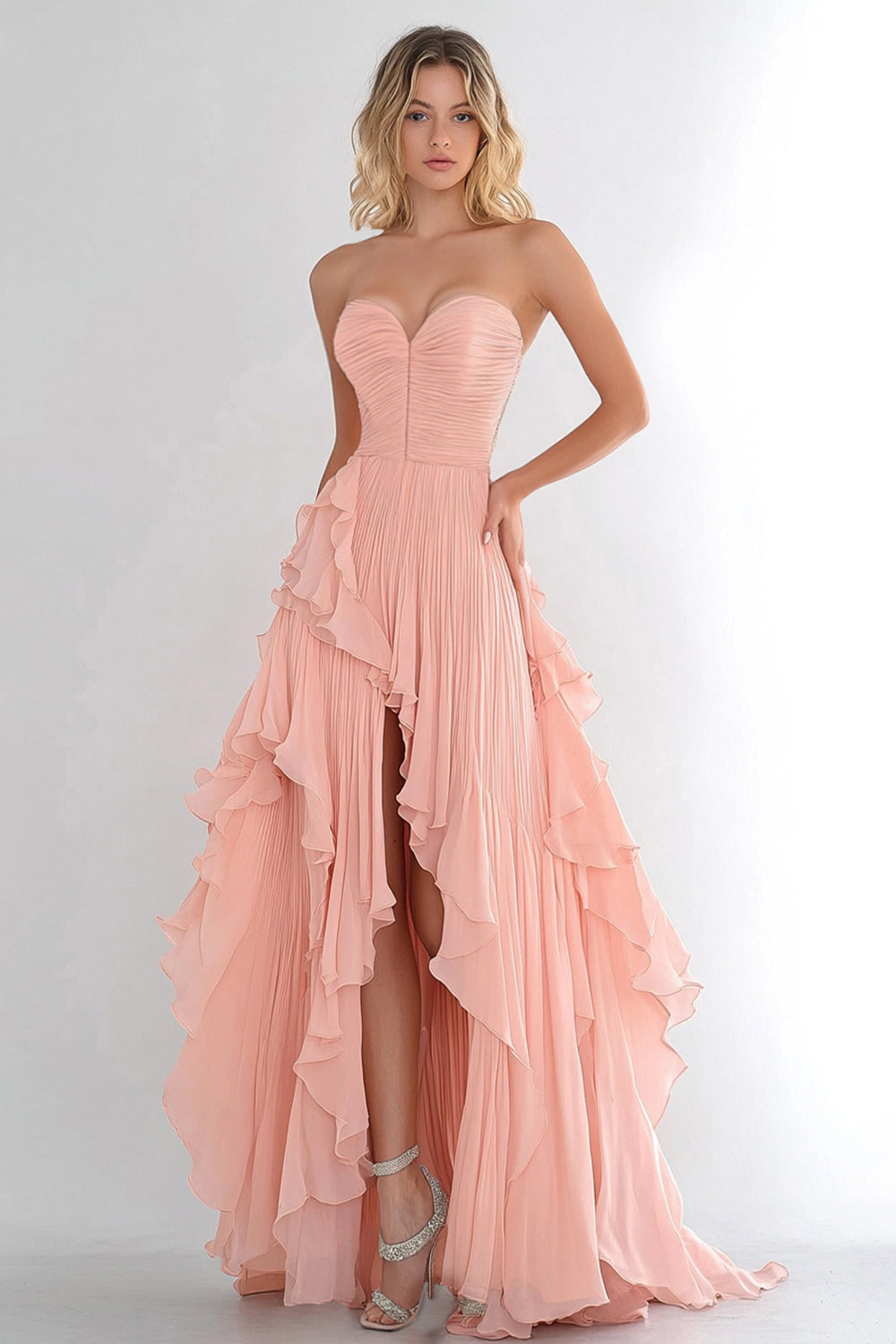 Pink Sweetheart Tiered Chiffon Asymmetrical Long Formal Dress