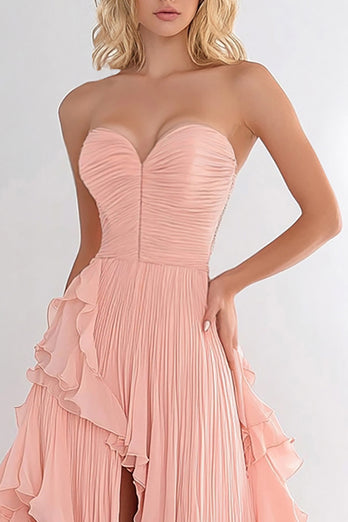 Pink Sweetheart Tiered Chiffon Asymmetrical Long Formal Dress