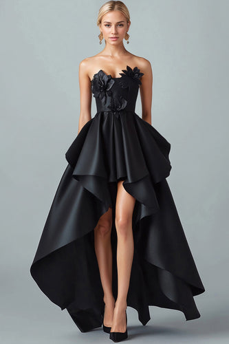 Black Asymmetrical Satin Long Formal Dress with 3D Flowers