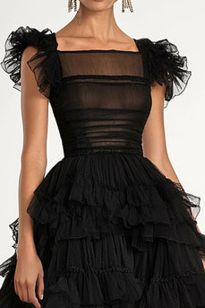 Black Tulle A Line Tiered Long Formal Dress