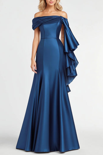 Dark Blue Off the Shoulder Satin Long Formal Dress