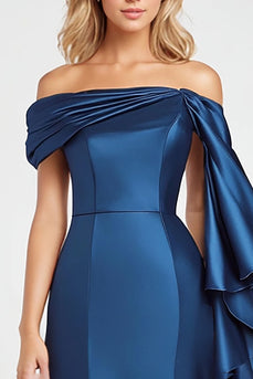 Dark Blue Off the Shoulder Mermaid Satin Long Formal Dress