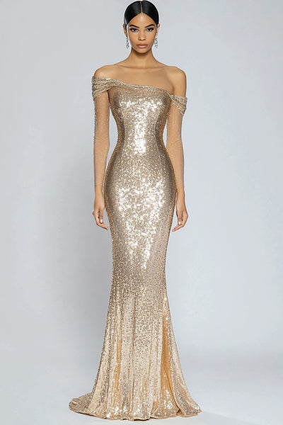 Sparkly Champagne Sequin Long Formal Dress with Long Sleeves