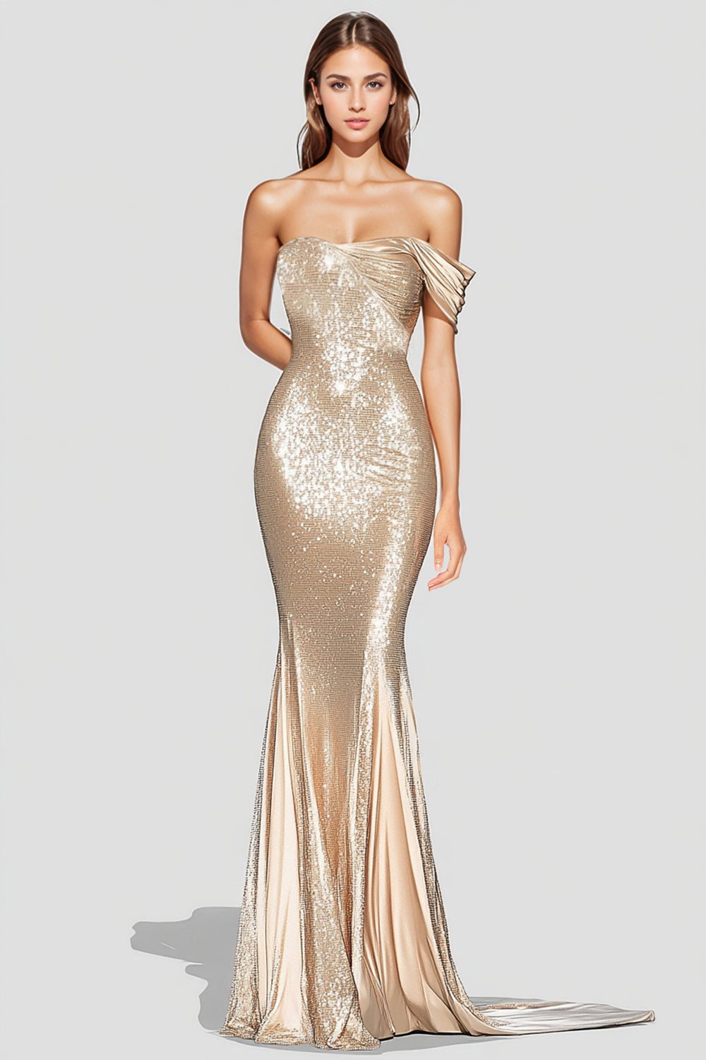 Mermaid Sparkly Champagne Asymmetrical Long Formal Dress