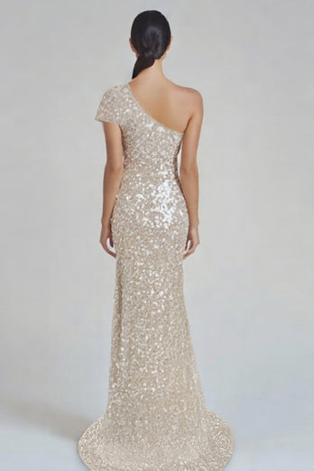 Champagne One Shoulder Sparkly Sequins Long Formal Dress