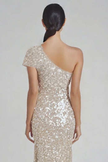 Champagne One Shoulder Sparkly Sequins Long Formal Dress