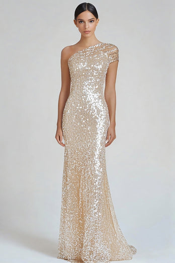 Champagne One Shoulder Sparkly Sequin Long Formal Dress