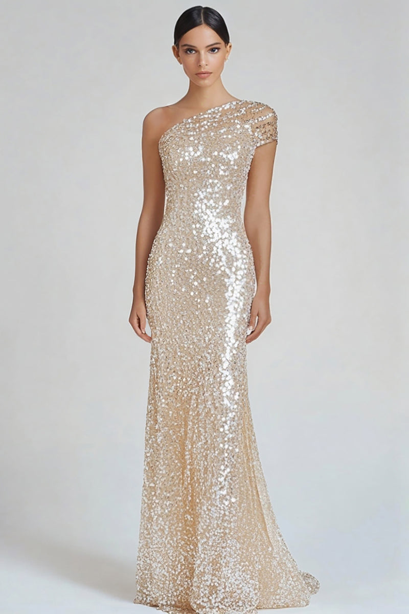 Load image into Gallery viewer, Champagne One Shoulder Sparkly Sequins Long Formal Dress