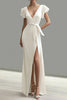 Load image into Gallery viewer, White V-Neck Satin Sheath Long Formal Dress with Slit