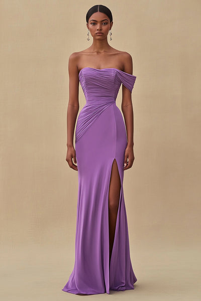 Purple Chiffon Off the Shoulder Ruched Long Formal Dress with Slit