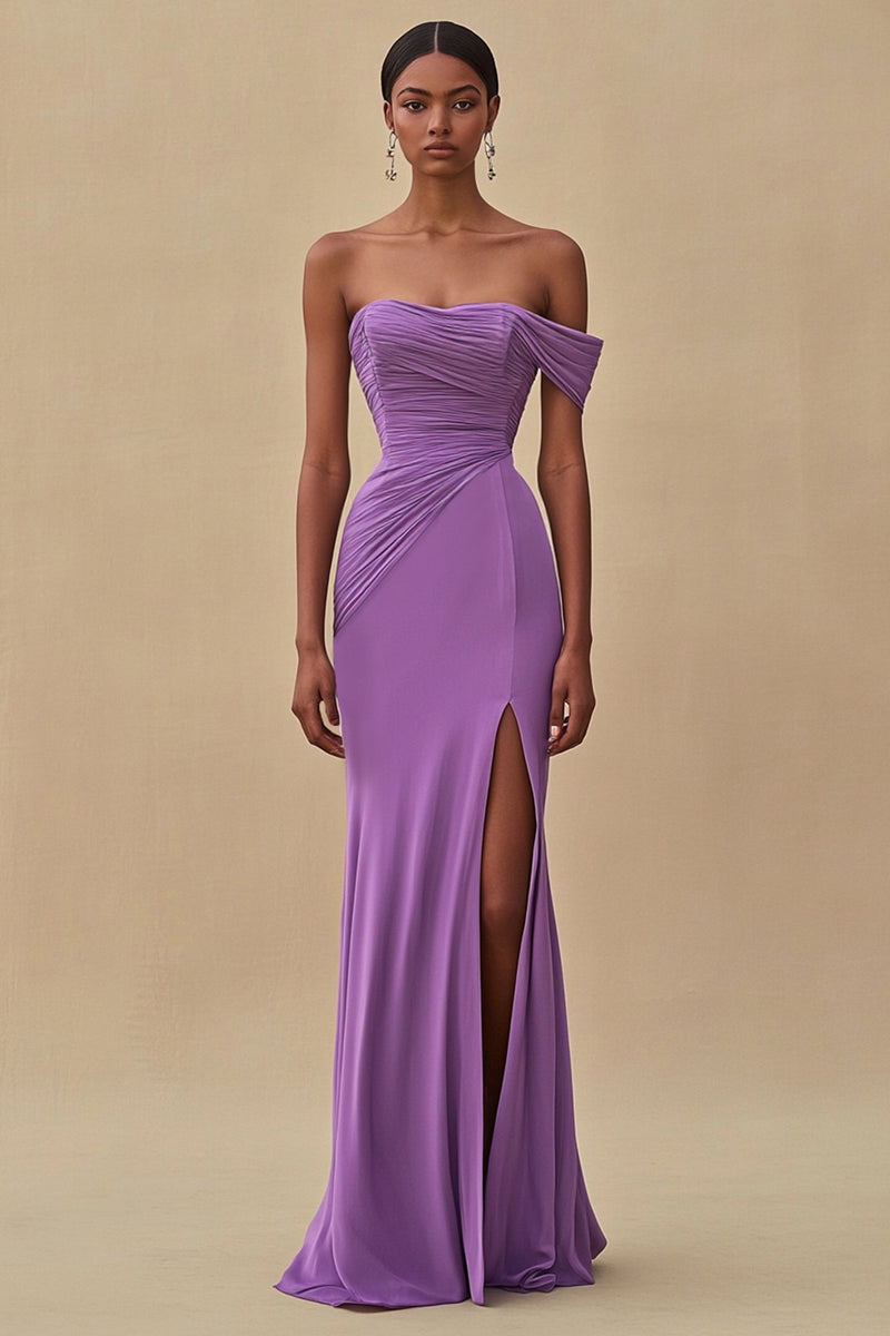 Load image into Gallery viewer, Purple Chiffon Off the Shoulder Ruched Long Formal Dress with Slit